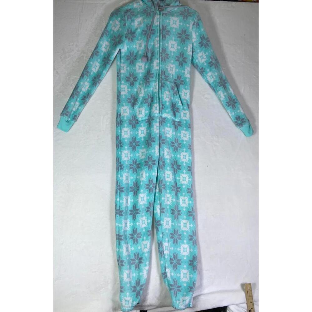 SO Aqua Gray White Snowflake Fleece One Piece Footless Pajamas Size Small